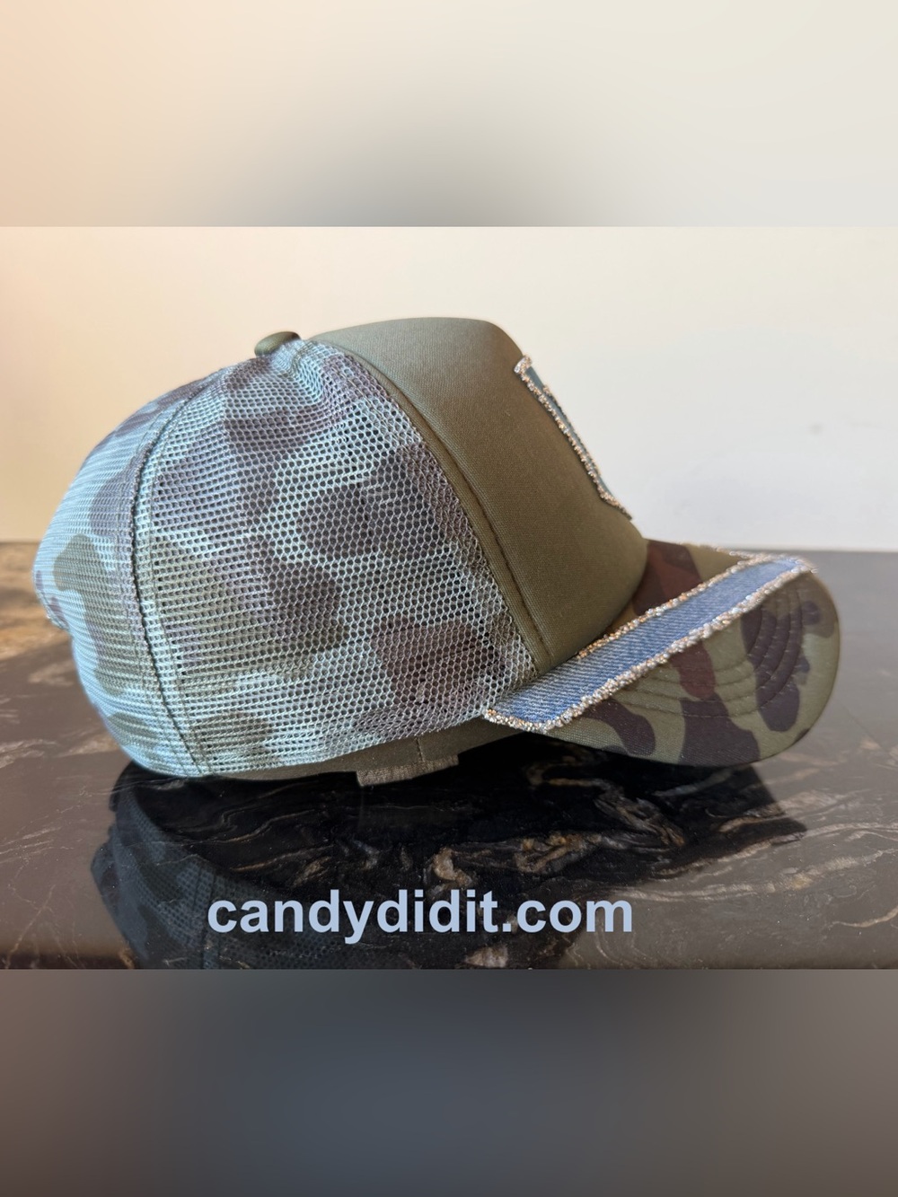 NWT Handmade Olive Green & Camouflage Baseball Cap with Blue Denim Patch - Picture 7 of 9
